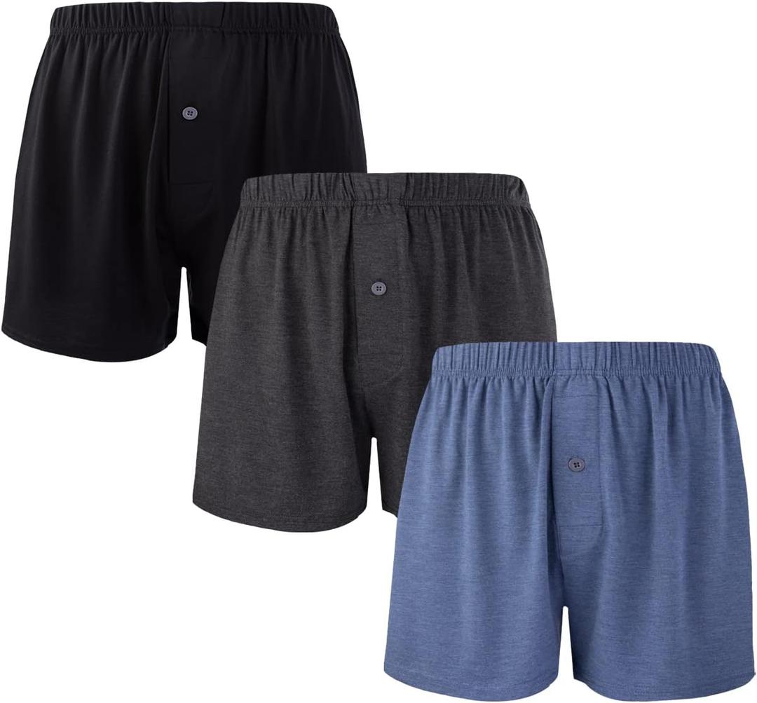 BAMBOO COOL Mens Boxers Short Classic Fit Soft Casual Underwear Loose Breathable Boxer Shorts for Men (Medium, B-black Grey, Blue, Black(3-pack))