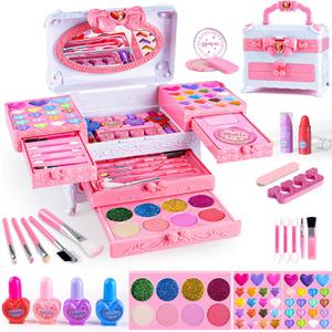 Kids Makeup Sets for Girls, 66pcs Real Cosmetic for Kids Toys with Mirror, Princess Washable Girls Makeup Kit, Non-Toxic & Safe Brithday Gifts for 3 4 5 6 7 8 10 - 12 Years OldLight Pink