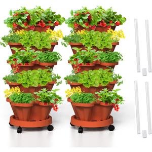 Strawberry Vertical Planters 2 Pack, 5 Tiered Stacking Tower Garden with Support Pole, Stackable Herb Vegetable Planters Indoor Outdoor Terra Cotta