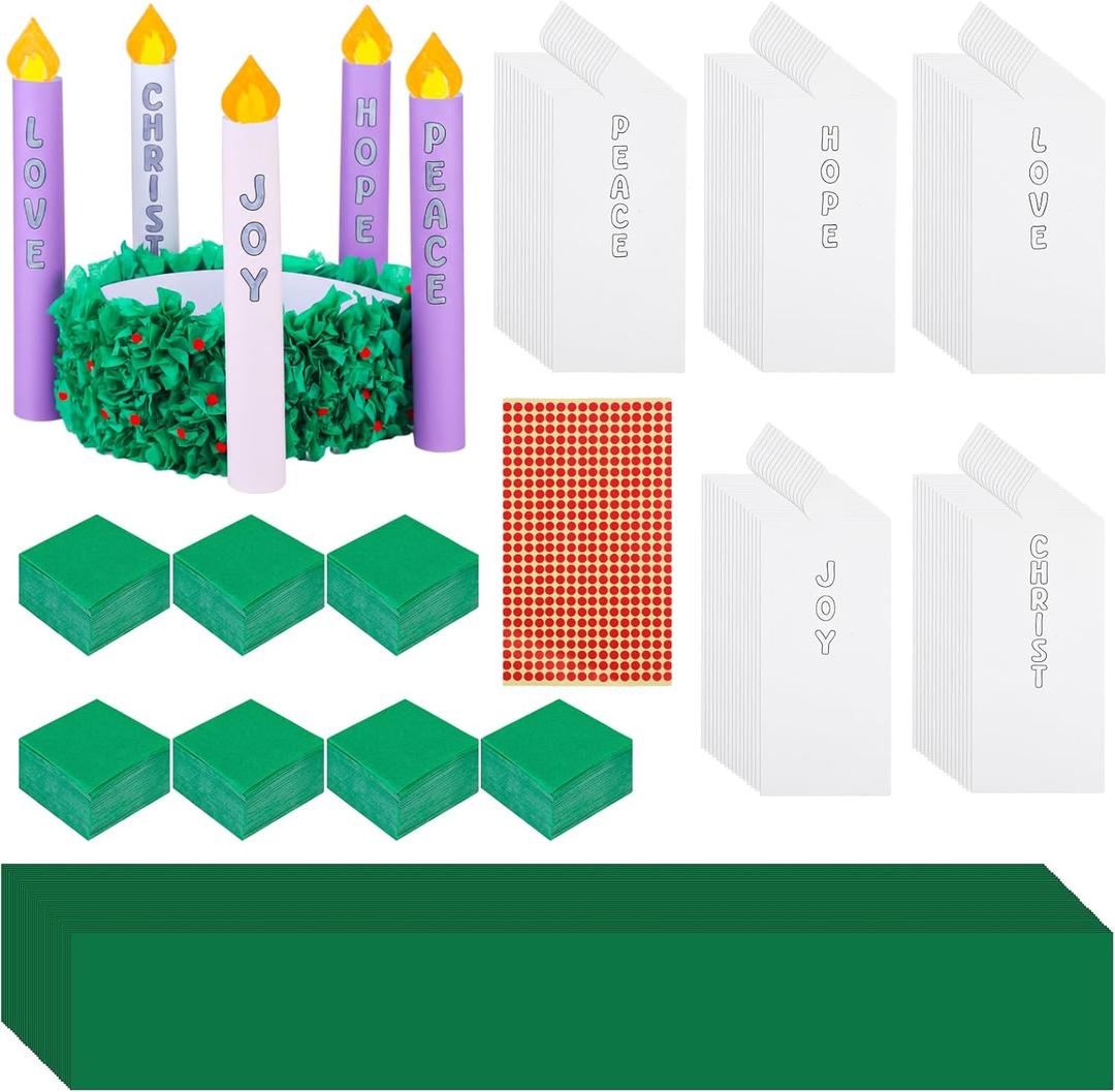 Eaasty 24 Set Christmas Advent Wreath Craft Kits Stand up Advent Tissue Paper Wreath Craft with Christ Peace Joy Love Hope Candle Paper DIY Holly Leaves Tissue for Christmas Activities