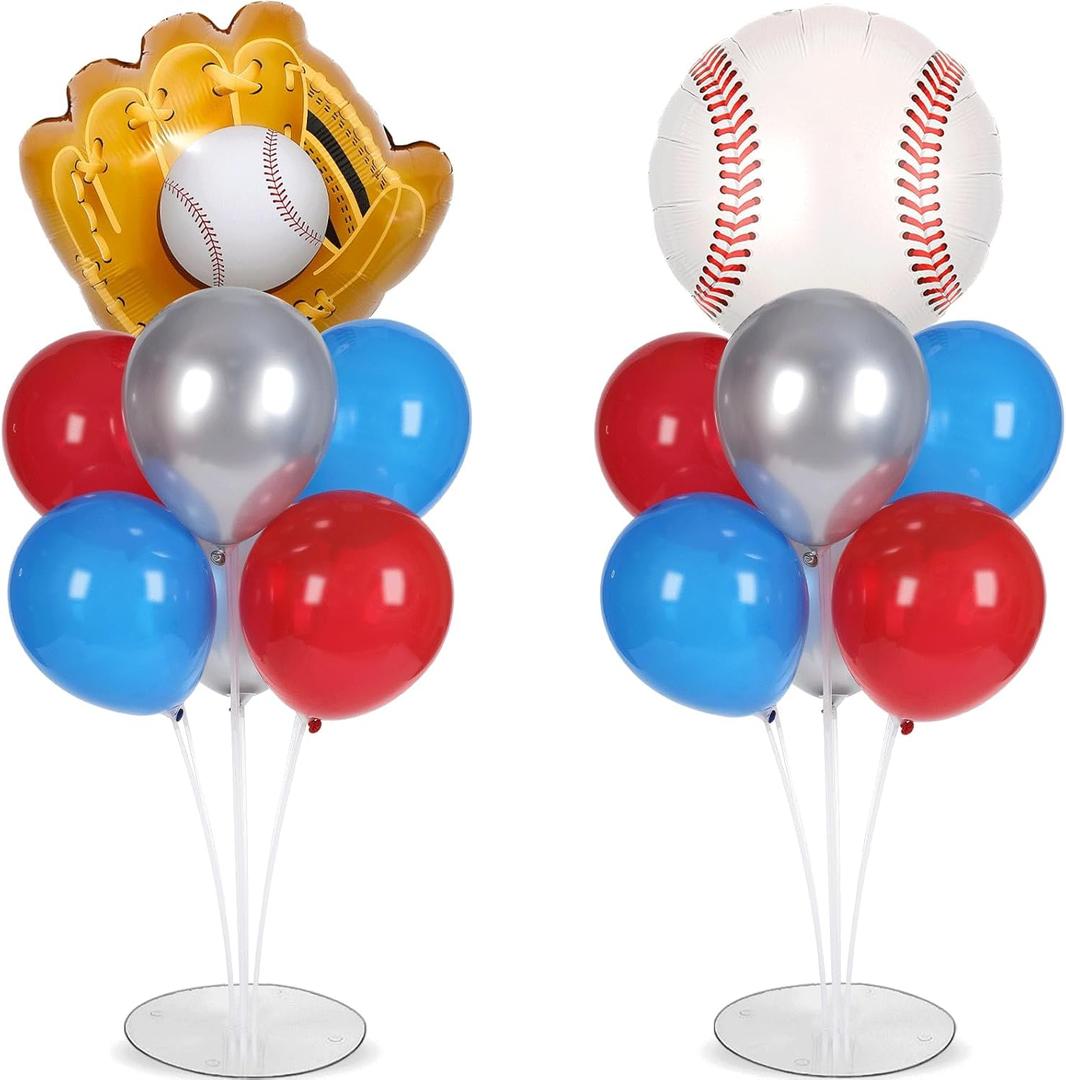 Baseball party Balloons Stand Kit 2 Sets with 2 Baseball Glove Foil Balloons Red Blue Silver Themed Party Balloon Centerpiece for Tables for Men Boys Game Sports Rookie Year 1st Birthday decorations