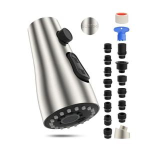 Stainless Steel Pull Down Spray Head Replacement with 15 Adapters, NSF/ANSI/CAN 61 & CUPC Certified 3-Function Kitchen Faucet Nozzle, Compatible with Moen, Delta, Kohler Faucet, Brushed Nickel