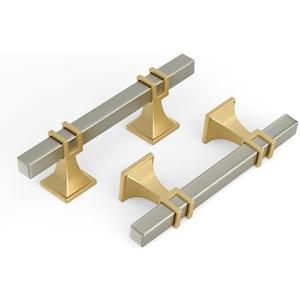 Haliwu 25 Pack 3 Inch Brushed Nickel and Gold Cabinet Pulls Silver Drawer Handles Square 2 Tone Hardware for Kitchen Cupboard