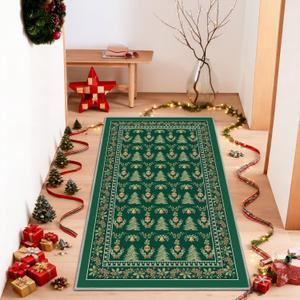 Artoid Mode Green Xmas Tree Mistletoe Christmas Area Rug, Winter Home Decor Low-Profile Non-Slip Washable Large Rug for Living Room Bedroom Farmhouse Dining Room Kids Playroom 3x5 Feet