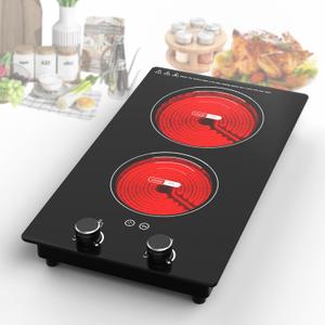 VBGK Electric Cooktop,3000W Built-in & Countertop Electric burner,Electric Stove Top with 9 Heating Level,Child Safety Lock, Timer, LED touch Knob Control,2 Burner Electric CooktopNo Plug)