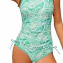 Girls Swimsuit One Piece Bathing Suit Color Block Strap Swimwear Drawstring Swimsuits for Teens 9-16Y with Padded (11-12 Years, Wavy Green)