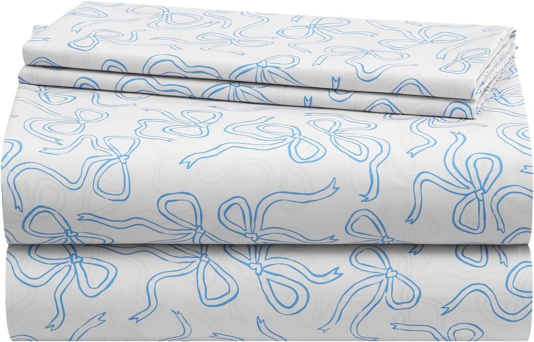 Urban Lifestyle 3-Piece Twin Sheet Set, Baby Blue Coquette Bow Design, Includes Top Sheet, Fitted Sheet & Pillowcase, Soft and Stylish Bedding for Kids or Teen Bedroom
