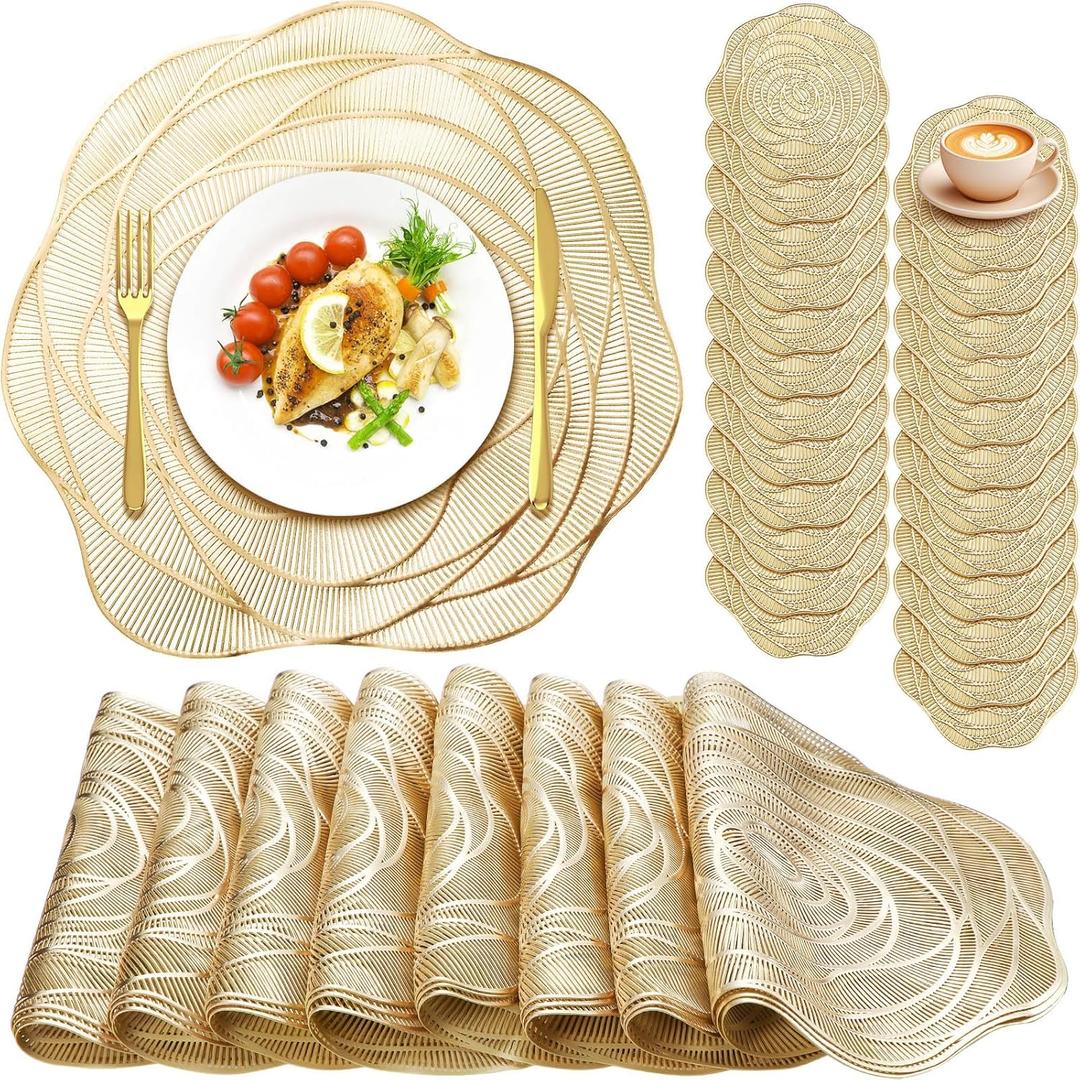 Sieral 24 Set 15 Inch Round Pressed Vinyl Placemats Hollow Out Rose Placemat Set Metallic Slip Resistant Place Mat Coaster Including Place Mats and Coasters for Wedding Dining Kitchen (Gold)