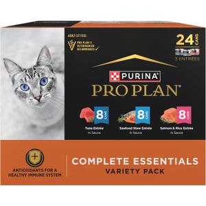 Purina Pro Plan High Protein Cat Food Complete Essentials Wet Cat Food Seafood Favorites Variety Pack 3 Ounce (Pack of 24) (EXP 04/01/28)
