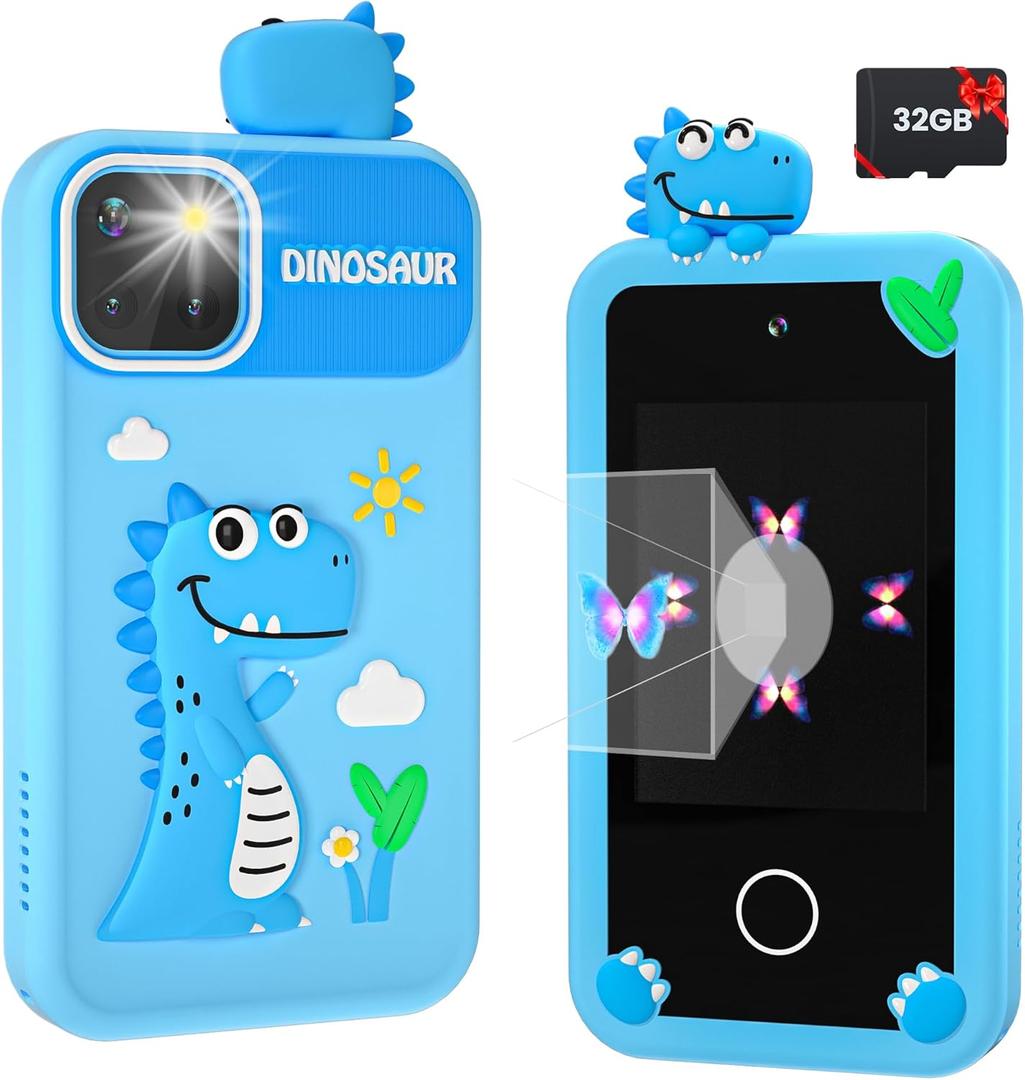 Kids Smart Phone for Boys with 32G Card & Holographic Pyramid, Christmas Birthday Gifts for Age 3-10 Kids Toys Cell Phone, 2.8" Touchscreen Toddler Learning Toy, Dual Lens, Music Player(Blue Dinosaur)