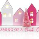 Amyhill Pink Lighted Wooden Christmas Tabletop House Village Decor Farmhouse LED Christmas Tabletop Decor Merry Rustic Xmas Block Centerpiece Sign with Word for Home Bedroom Holiday Ornament