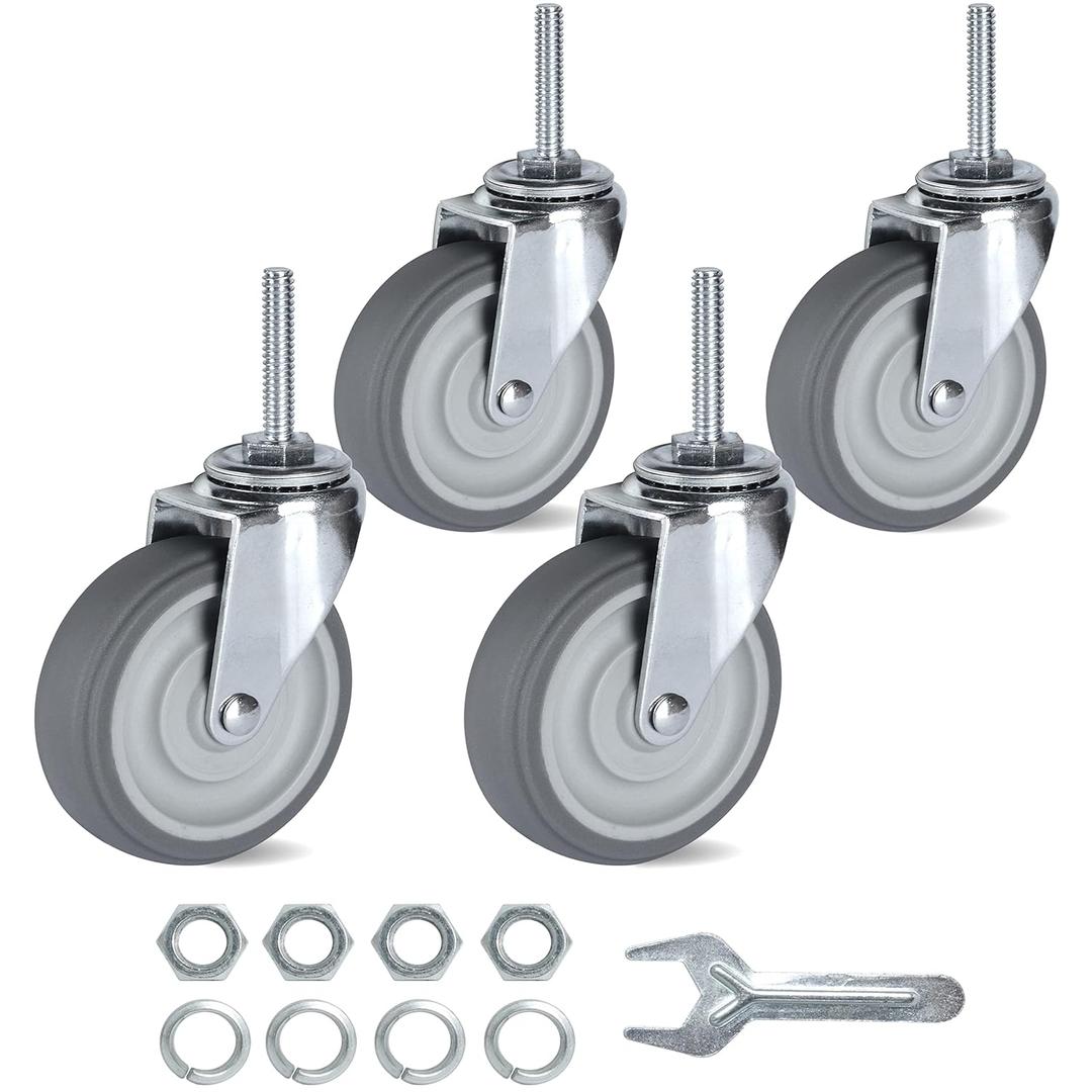4 x Finnhomy Caster Wheels 3 Inch Set of 4 Heavy Duty Threaded Stem Casters 5/16"-18x1-1/2 Swivel Rubber Industrial Castors Premium Wheels for Wire Shelving/Furniture/Carts Load Bearing 720 Lbs Gray