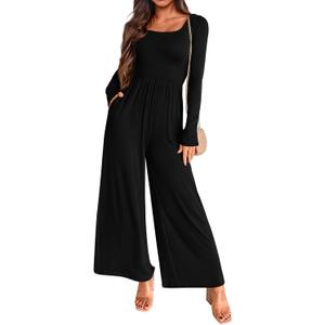 KIRUNDO Long Sleeve Jumpsuit for Women 2026 Spring Outfits Summer One Piece Square Neck Wide Leg Pants Romper With Pockets L