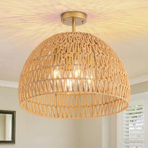 4-Light Rattan Ceiling Light, 20" Semi Flush Mount Boho Light Fixture with Hand-Woven Ratan Shade, Farmhouse Rattan Chandelier Wicker Light Fixture for Kitchen Bedroom Living Room Hallway