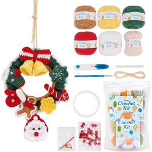 Alvian DIY Crochet Christmas Wreath Kit - Complete Beginner-Friendly Set with Garland, Pom Poms & Video Tutorial | Handmade Holiday Door Decor, Wall Hanging & Gift Idea