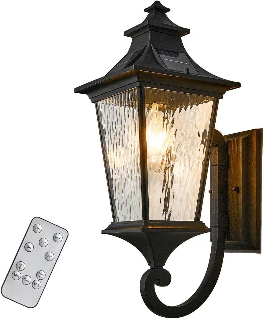 Waterproof Solar Sconces Lights Outdoor with Remote Control 20.9 Inch Height Large Size Solar Wall Lights with Water Ripple Glass Dusk to Dawn Outdoor Lighting Include LED Bulb (Matte Black)