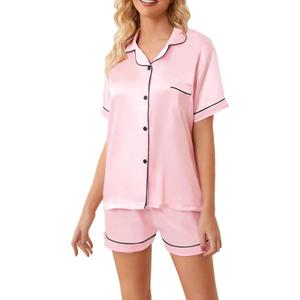 Womens Satin Pajamas Set Short Sleeve Button Down Top and Shorts Sleepwear 2 Piece Pjs Set (Pink, XL)
