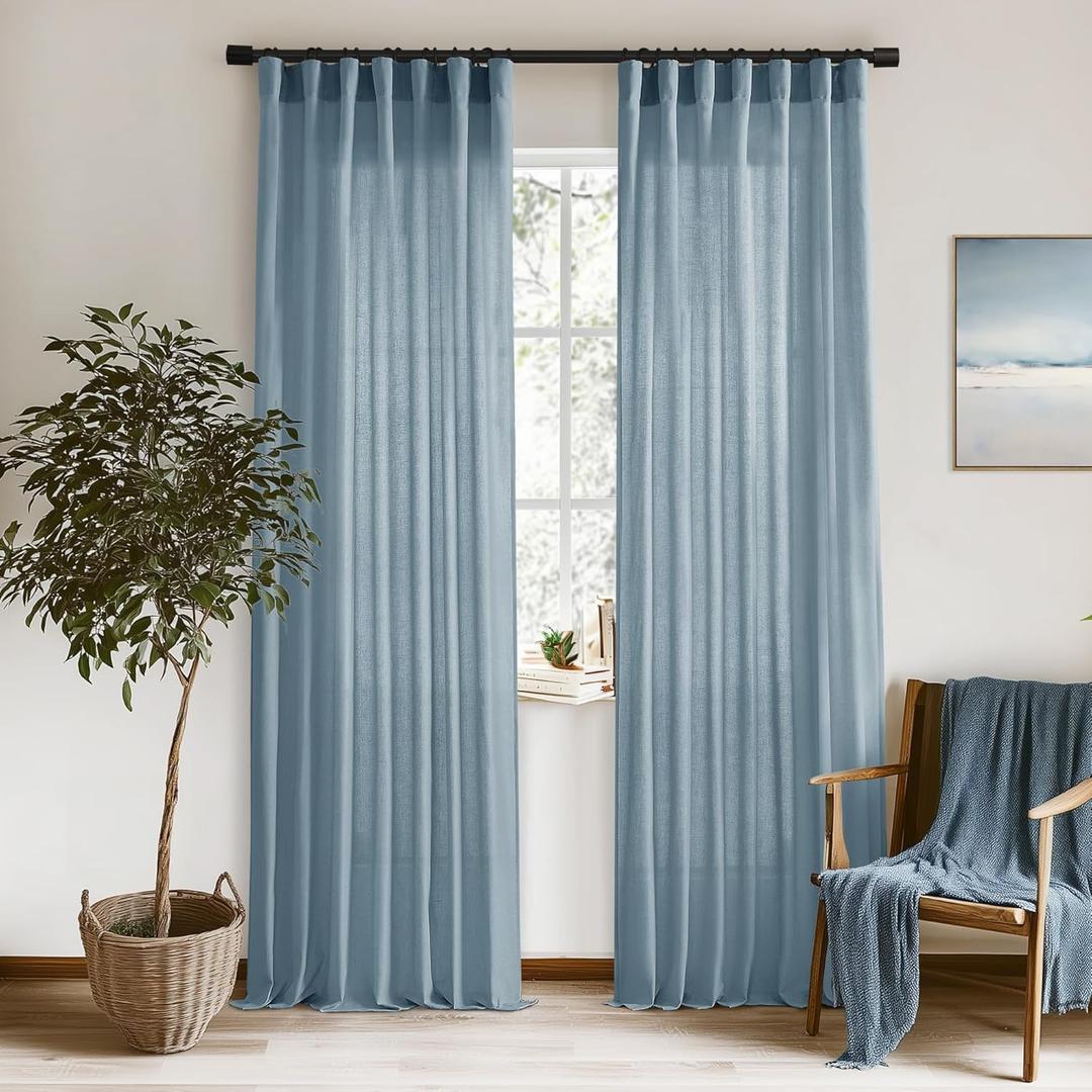 XTMYI Stone Blue Curtains 90 Inches Long for Living Room,Light Filtering Country Vintage Hooks Pleated Back Tab Semi Sheer Linen Curtains for Bedroom 2 Panels Set,Dusty Blue