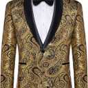 DiBanGu Mens Blazer One Button Shawl Lapel Tuxedo Sport Coat Casual Dress Suit Jacket for Men Wedding Party Prom, Black and Gold, Large
