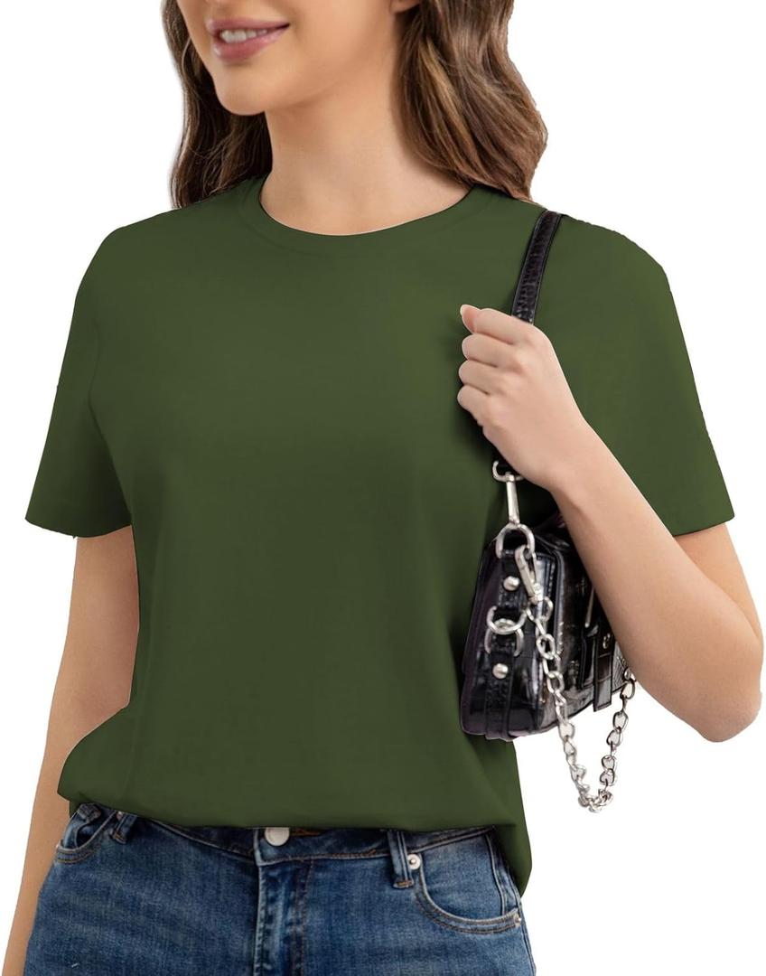 Cotton Short Sleeve T Shirts for Women Basic Tee Tshirts Plain Casual Summer Tops (X-Large, Olive Green)