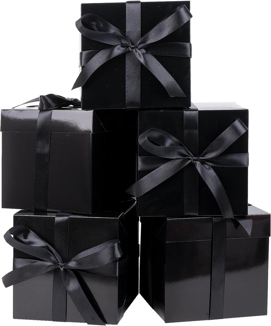Jaywayang 5 Pack Black Gift Boxes with Lids, Ribbons and Tissue Papers Square Gift Boxes - 7.1 Inch - Birthday, Wedding, Presents Wrapping, Father's Day, Valentine's Day Decoration Party Favor Boxes.