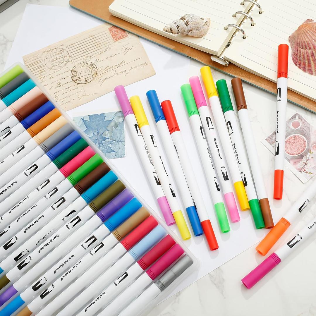 48 Pcs Double Brush Marker Pens 48 Colors Art Markers Set with Portable Box Fine and Brush Double Tip Markers Set Art Supplies Kit for Kids Adults Drawing Journaling Note Coloring Books (White)