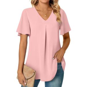 Women's Summer Tunic Tops Dressy Casual Chiffon Blouses Plus Size Short Sleeve T-Shirts for Leggings, Rose, Size: M