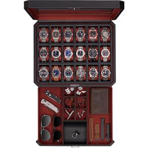 ROTHWELL 18-Slot Watch Case with Drawer  Luxury Watch Box for Men, Real Glass Top, Lockable, Display Case for Collections (Black/Red)