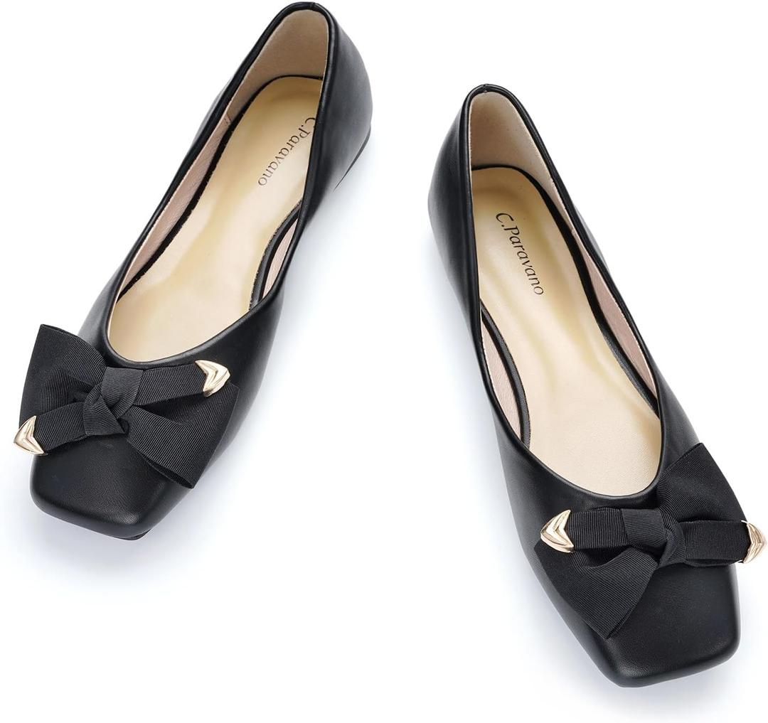 C.Paravano Women's Flats with Metallic Bow | Casual Square Toe Ballet Flats | Comfortable Slip On Flat Shoes | Women Dressy Shoes for Walking Wedding Work Office (8)