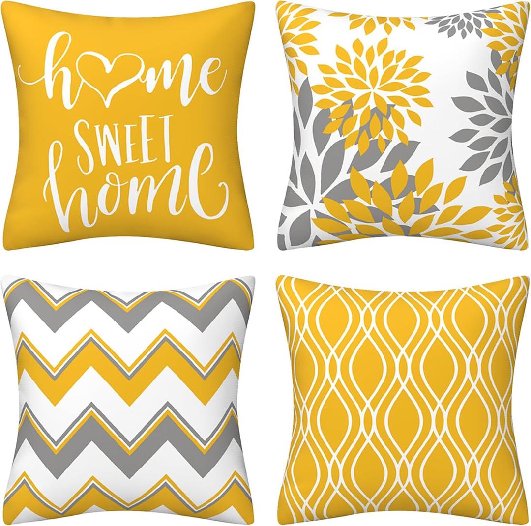 Yellow Pillow Covers 18x18 Set of 4 Modern Decorative Geometric Outdoor Sofa Throw Pillow Cushion Covers Case for Couch Living Room Bedroom Patio Furniture Indoors Home Decor (Yellow and Grey)