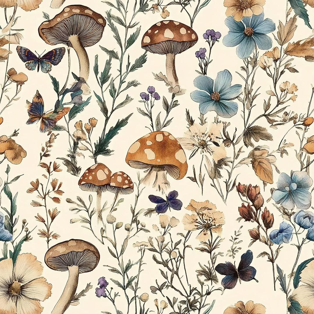 Mushroom Wallpaper Peel and Stick Vintage Floral Contact Paper 16.9" x 196.8" Boho Self Adhesive Removable Wallpaper Mushroom Forest Decorative Contact Paper for Bathroom Cabinets Vinyl (Beige)