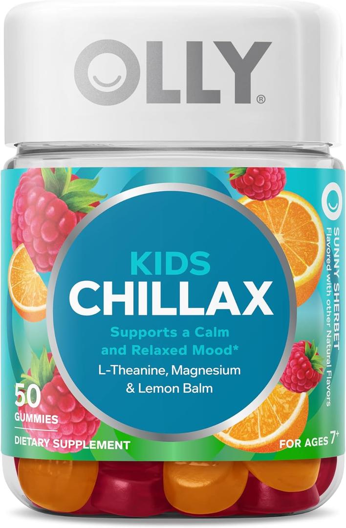OLLY Kids Chillax Gummy, For a Calm and Relaxed Mood*, Magnesium, L-Theanine, Lemon Balm Extract, Chewable Supplement, Sherbet Flavored, 25 Day Supply - 50 Count (Packaging May Vary)