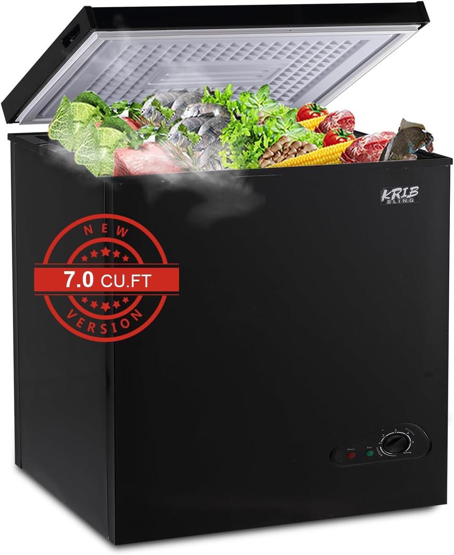 Chest Freezer 7.0 cu.ft Mini Adjustable 7 Thermostat Compact Deep Freezer Top Door Low Noise with Removable Basket Black