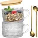 Vintage Coffee Mugs, Overnight Oats Containers with Bamboo Lids and Spoons - 14oz Clear Embossed Glass Cups, Cute Coffee Bar Accessories, Iced Coffee Glasses, Ideal for Cappuccino, Latte, 2 Pack