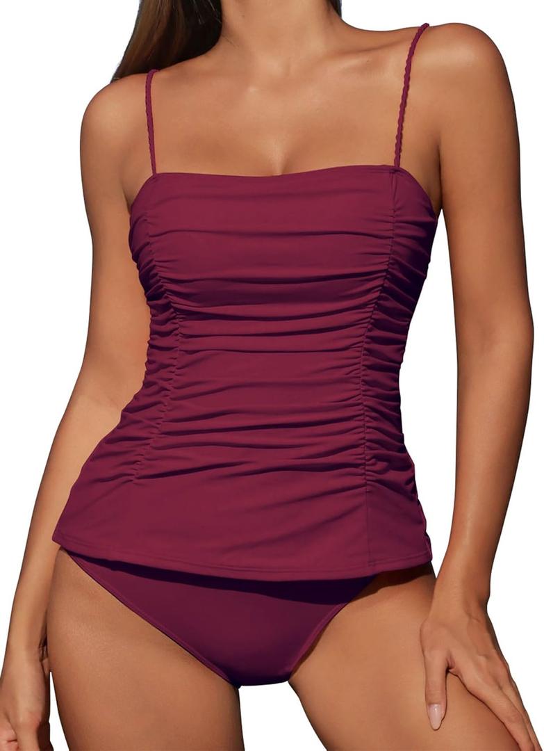 ZAFUL Womens Tankini Swimsuits 2025 Spaghetti Strap Two Pieces Ruched Top Tummy Control High Waisted Bottom Bathing Suits (Small)