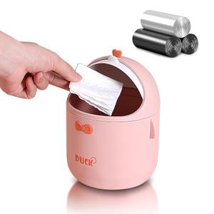 Cute Desktop Trash Can Wastebasket with 90 Trash Bags, Creative Mini Countertop Garbage Can with Lid, Small Plastic Storage Bin for Home Kitchen Dressing Office Kids Bedroom(Pink)