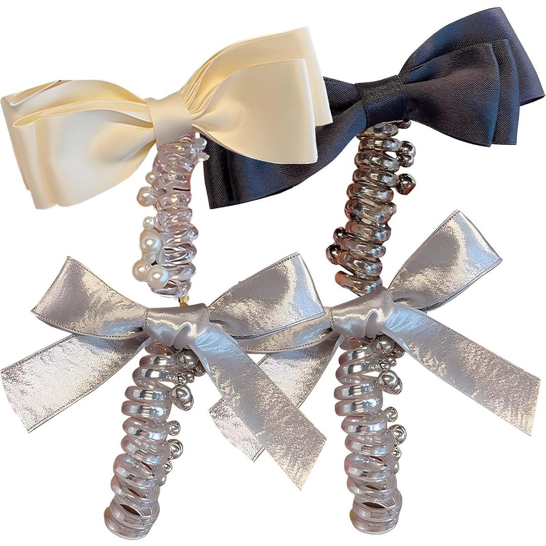 4-Piece No Damage Soft Elastic Spiral Hair Ties, Telephone Cord Ties with Bowknot and Pearl, Coil Bands for Ponytail, Braided Elegant Hairstyles, Women's Accessories Gift