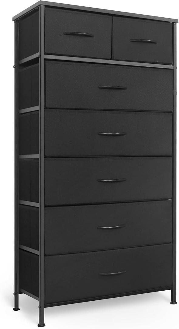 Mifuro Tall Dresser for Bedroom, Vertical Storage Organizer Tower with 7 Drawers, Chest of Drawers with Fabric Bins, Steel Frame, Wood Top for Bedroom, Closet, Entryway- Black