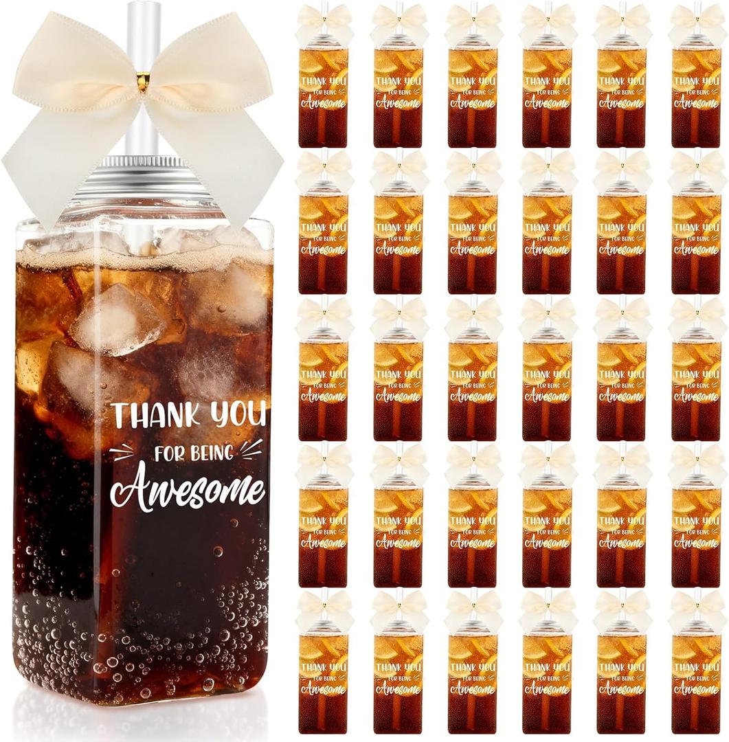 Skylety 36 Pcs Thank You Gifts for Coworker Teacher Appreciation Gift Employee Appreciation Gifts Cups Bulk Mother's Day 13.5 oz Clear Skinny Tumblers with Straws Lids Bow(Thank You,Beige)