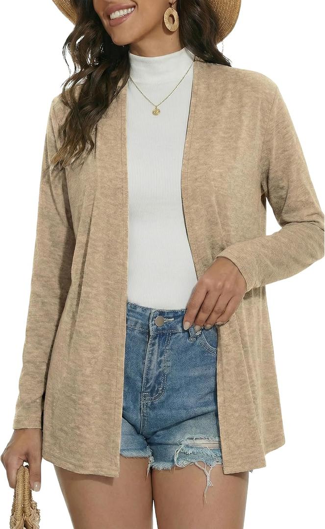 Long Sleeve Thin Cardigans for Women Lightweight Casual Loose Open Front Cardigan Soft Sheer Cover Up (Beige, L)