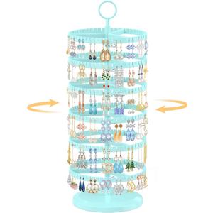 EsLuker.ly Earring Holder Organizer Rotating Stud Display Tree Rack with 342 U-Slots for Women Girls, Large Adjustable 6 Tier Plastic Storage Stand with Metal Tray for Pierced Hoop Post Earring, Blue