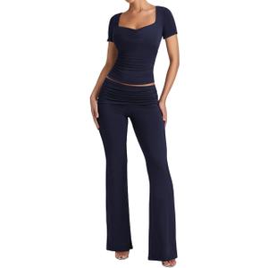 Lrady Womens 2 Piece Outfits Lounge Sets Lightweight Comfy Slim Crop Tops Fold Over Flare Pants Tracksuits