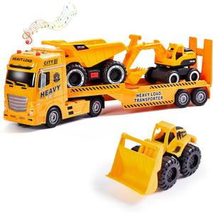 4-in-1 Construction Carrier Truck Toys for Kids, Semi Toy Car Kids Toy with Excavator and Dump Truck, Great Gift for Age 3+ Years Old Boys Girls