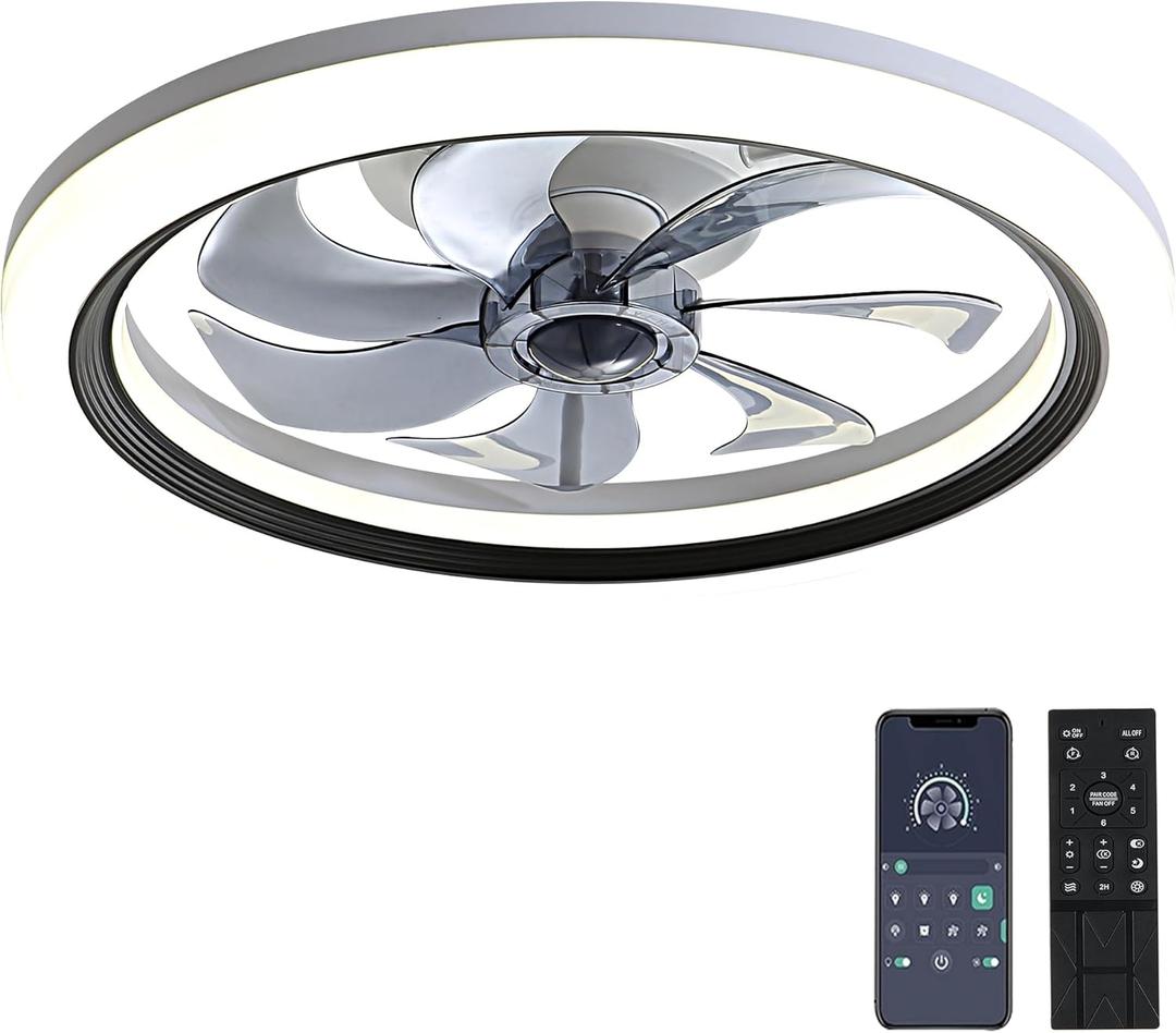 20" Ceiling Fan With Lights and Remote, Low Profile, 6 Wind Speeds, Dimmable Light, White Flush Mount, Smart Modern for Home (Black+ Grey)