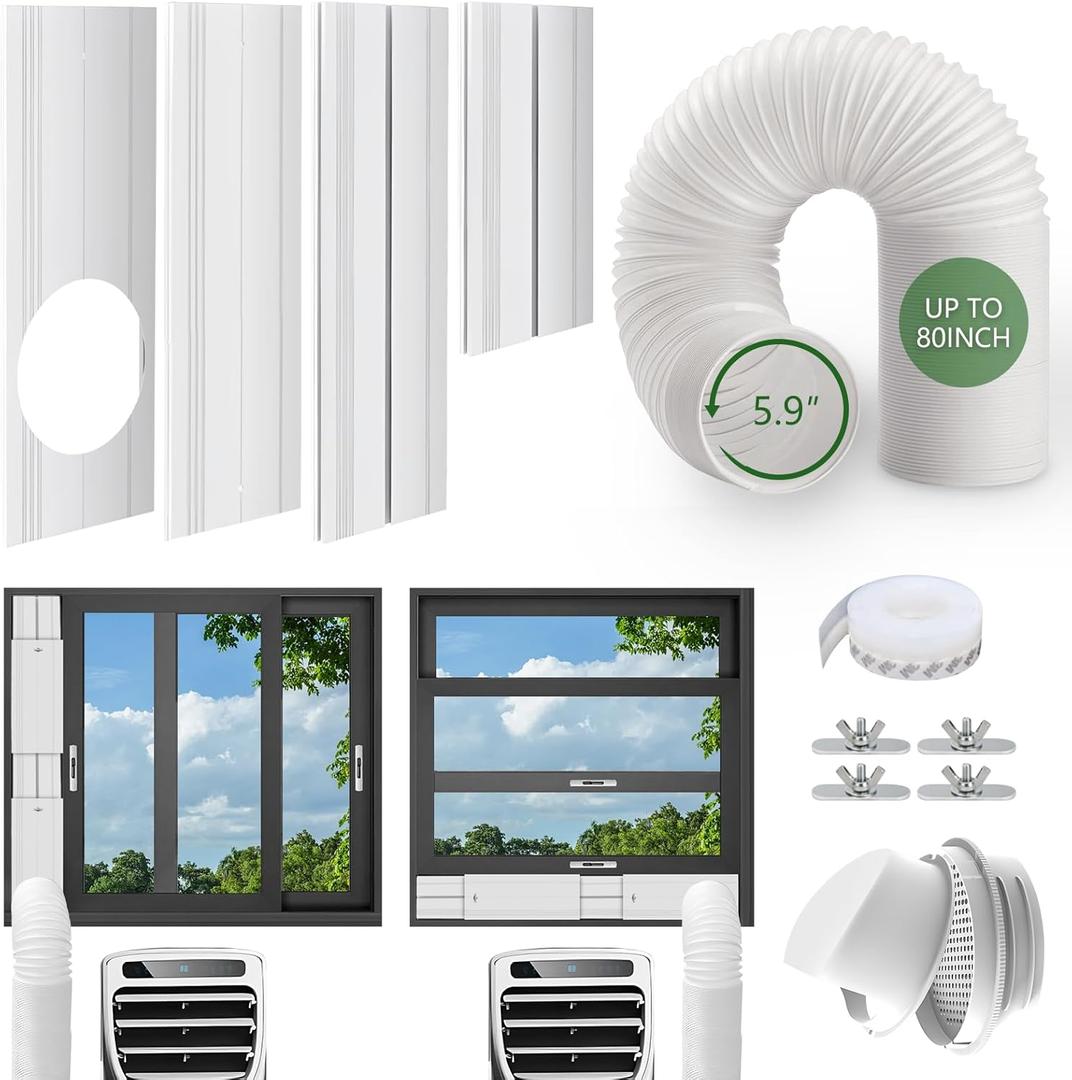Portable Air Conditioner Window Vent Kit with 5.9" Diameter Exhaust Hose & Coupler Filter & Waterproof Rain CoverAdjustable AC Window Seal Kit for Horizontal/Vertical Window Max length 55 inches