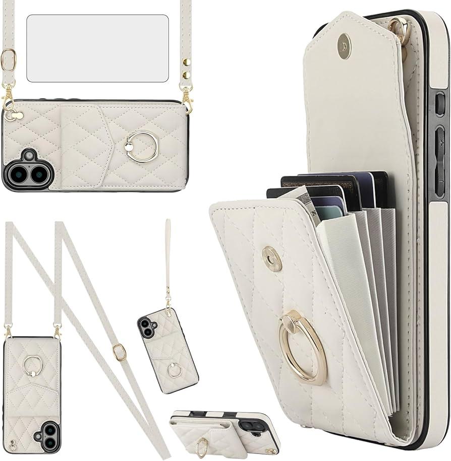 Phone Case for Samsung Galaxy S25 Edge 5G Wallet Cover with Tempered Glass Screen Protector and Wrist Strap Ring RFID Blocking Card Holder Cell S25Edge 25S S 25 25Edge 6.66 2025 Women Girls Off White