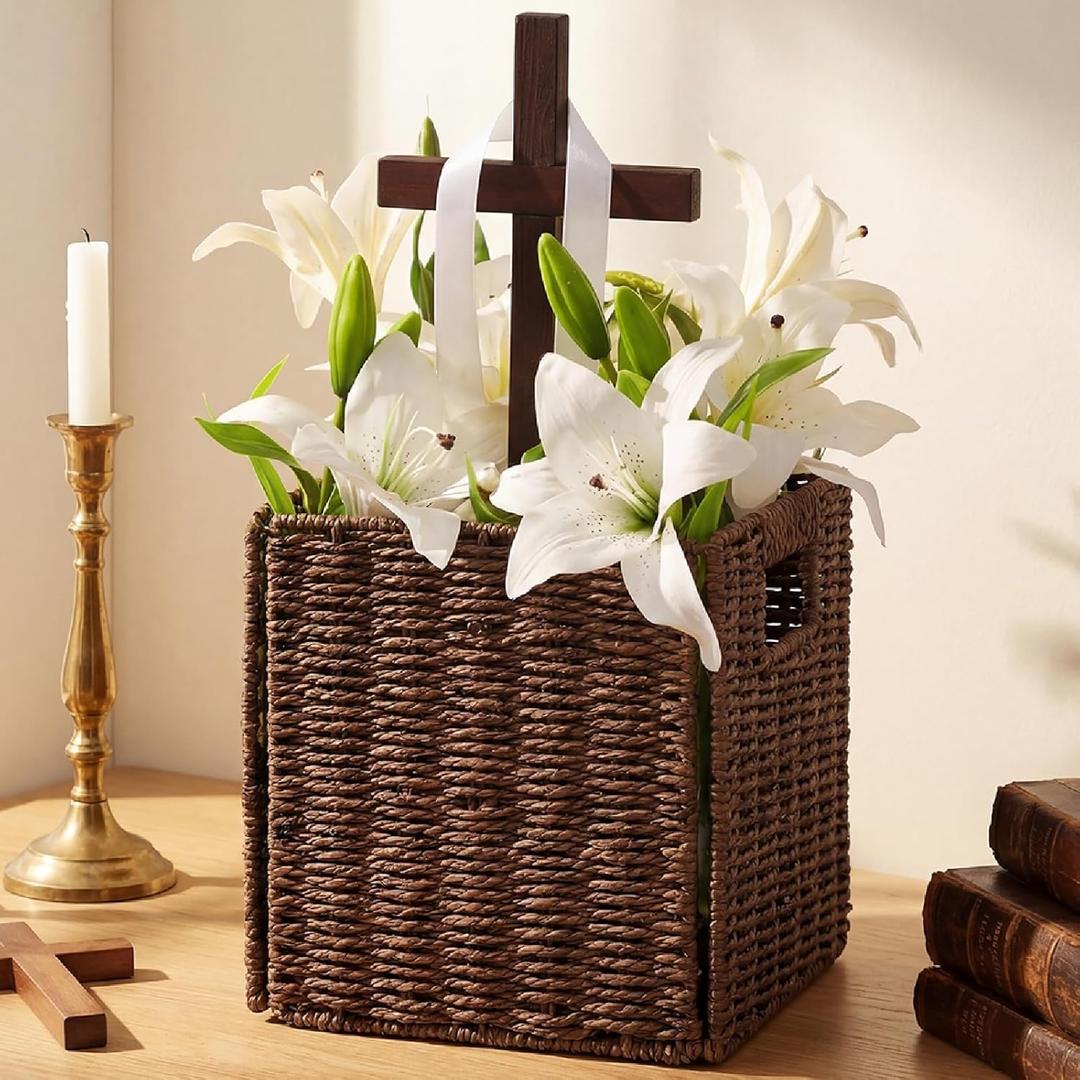 Thyle Religious Easter Table Decor Lent Decoration for Home Church Wooden Cross Woven Basket Christian Tabletop Decoration 9.8 In Jesus Christ Catholic Wood Crafted Cross with Base Foldable Organizer