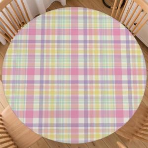 Easter Plaid Round Fitted Tablecloth with Elastic Spring Pastel Table Cloth Holiday Decorative Washable Seasonal Pink Checkered Decor Table Cover Outdoor Kitchen Dining Home Picnic for 40"-44" Table