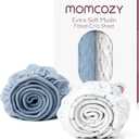 Momcozy Muslin Mini Crib Sheets Fitted - 38''x26'' Pack and Play Sheets for Pack N Play Mattress, 2 Pack Soft & Breathable Natural Cotton Non Slip Bed Cover for Boys, Girls, Blue Star Moon