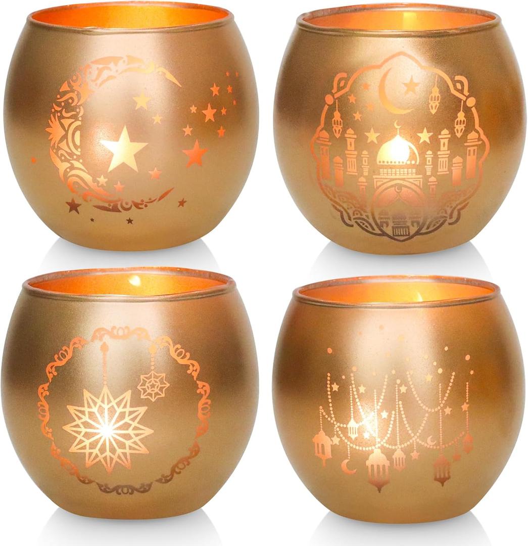 Eid Mubarak Decorations, Gold Ramadan Decorations for Home 4Pcs, Radiant Glass Tealight Candle Holders, Luxury Votive Candle Holders for Ramadan Table Decor, Elegant Islamic Eid Gifts